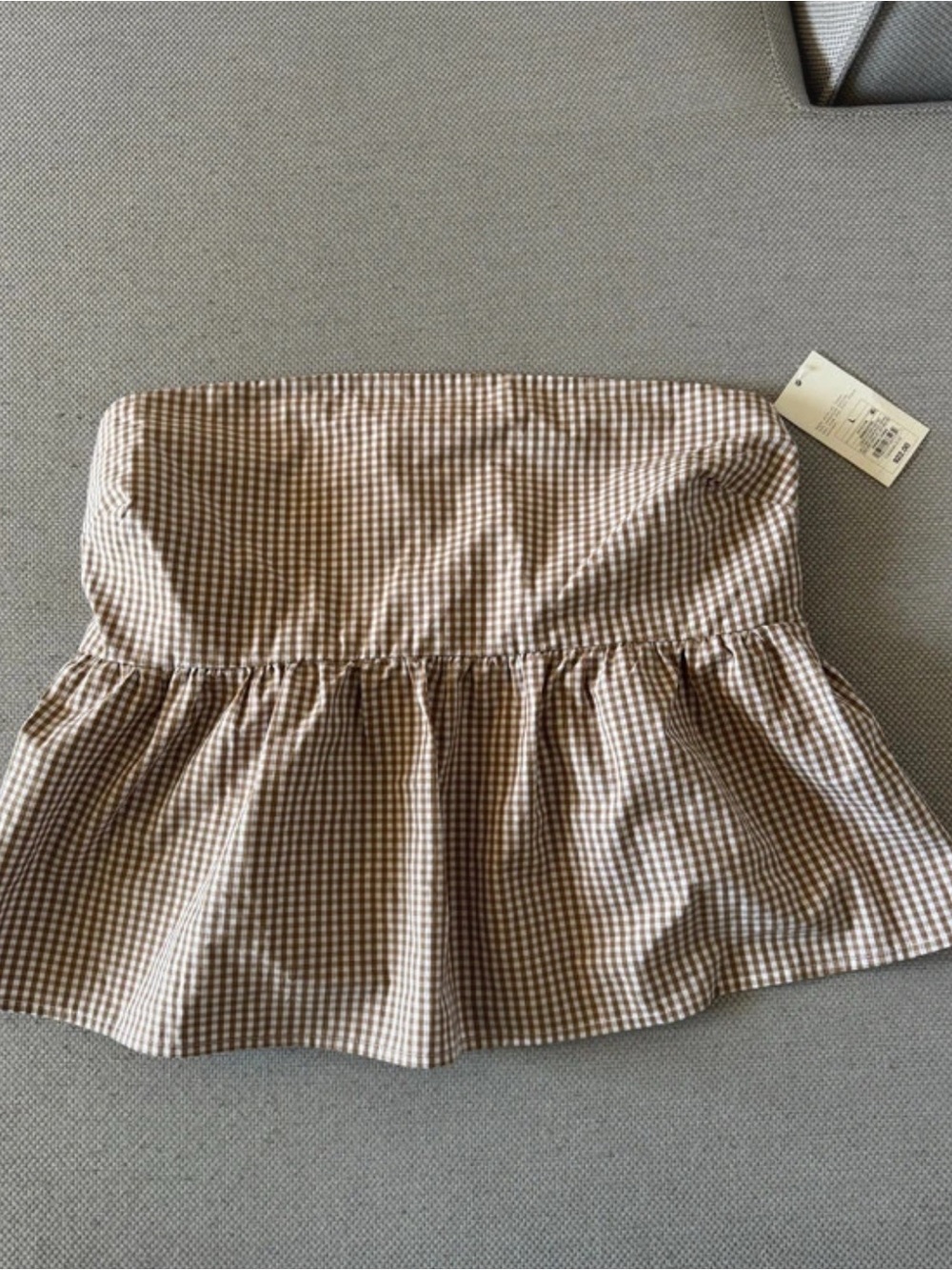 Strapless Brown Gingham Peplum Tube Top